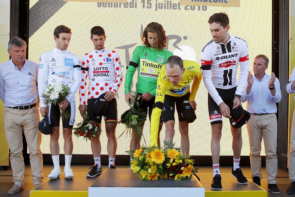 The Tour de France had a subdued podium ceremony after stage 13 to honour the victims in Nice.