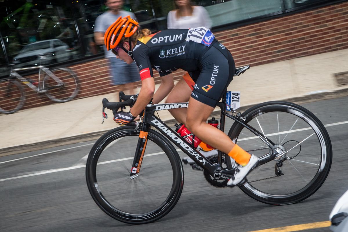Jasmine Glaesser (Optum) goes off the front by herself