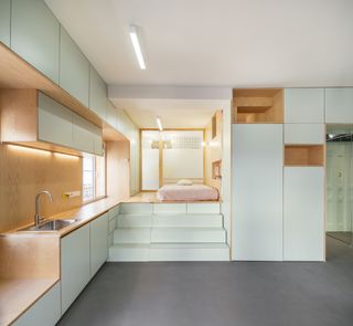 interior kitchenette and sleeping area