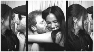 Three pictures of Harry and Meghan hugging a kissing in a black and white photobooth