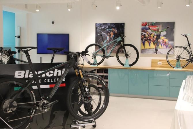 The opening night at the Bianchi Cafe &amp; Cycles store in Milan