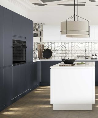 modern kitchen with navy and white matt units