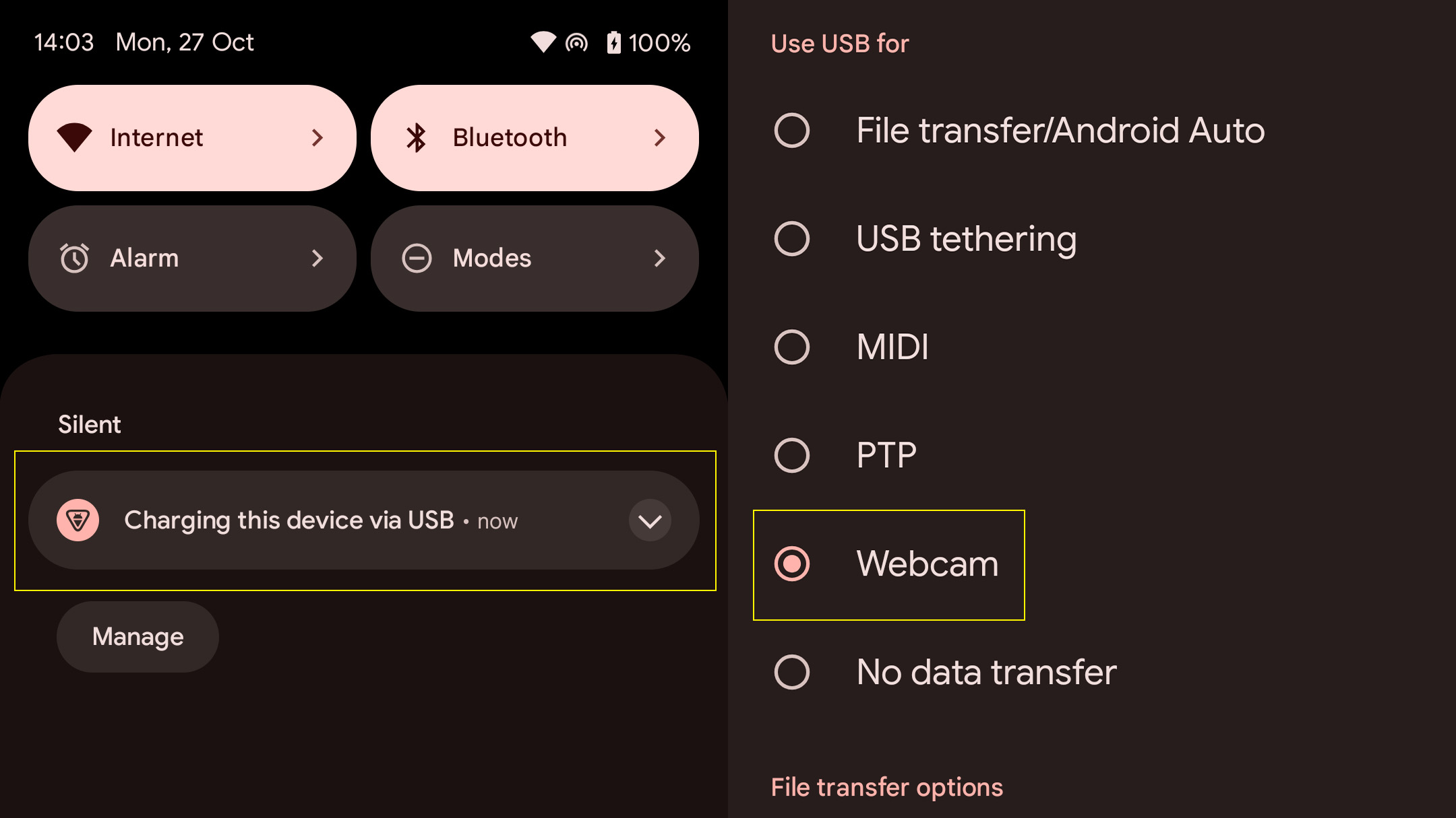 Selecting Webcam USB mode on Android, Google Pixel 7 Pro