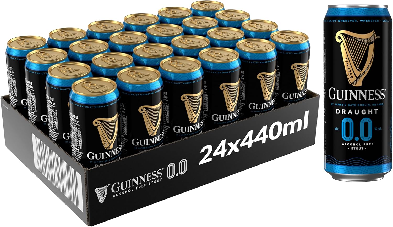 Guinness Draught 0.0 Alcohol Free Stout | 0% Vol | 24 X 440ml | Notes of Sweet Malt &amp;amp; Hop Bitterness | Dark Ruby Red Beer | Creamy Head | Hints of Chocolate &amp;amp; Coffee