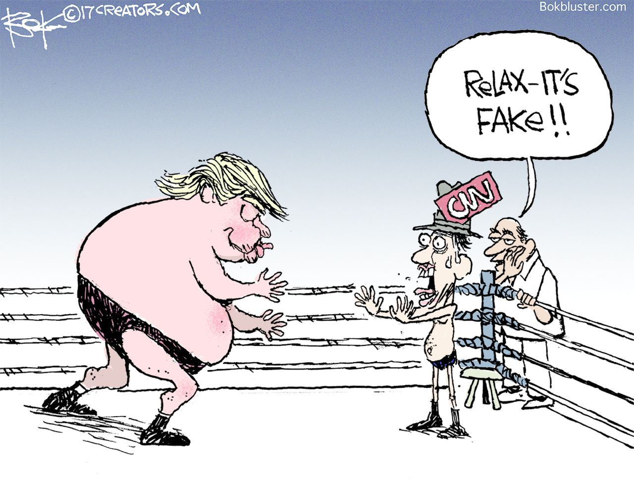 Political cartoon U.S. Trump CNN fake news boxing match