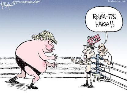 Political cartoon U.S. Trump CNN fake news boxing match