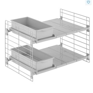 An expandable under-the-sink organizer in gray