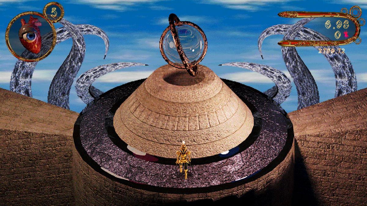 Pre rendered entry area of Dreamwild's palace, cone with floating sphere over it in center