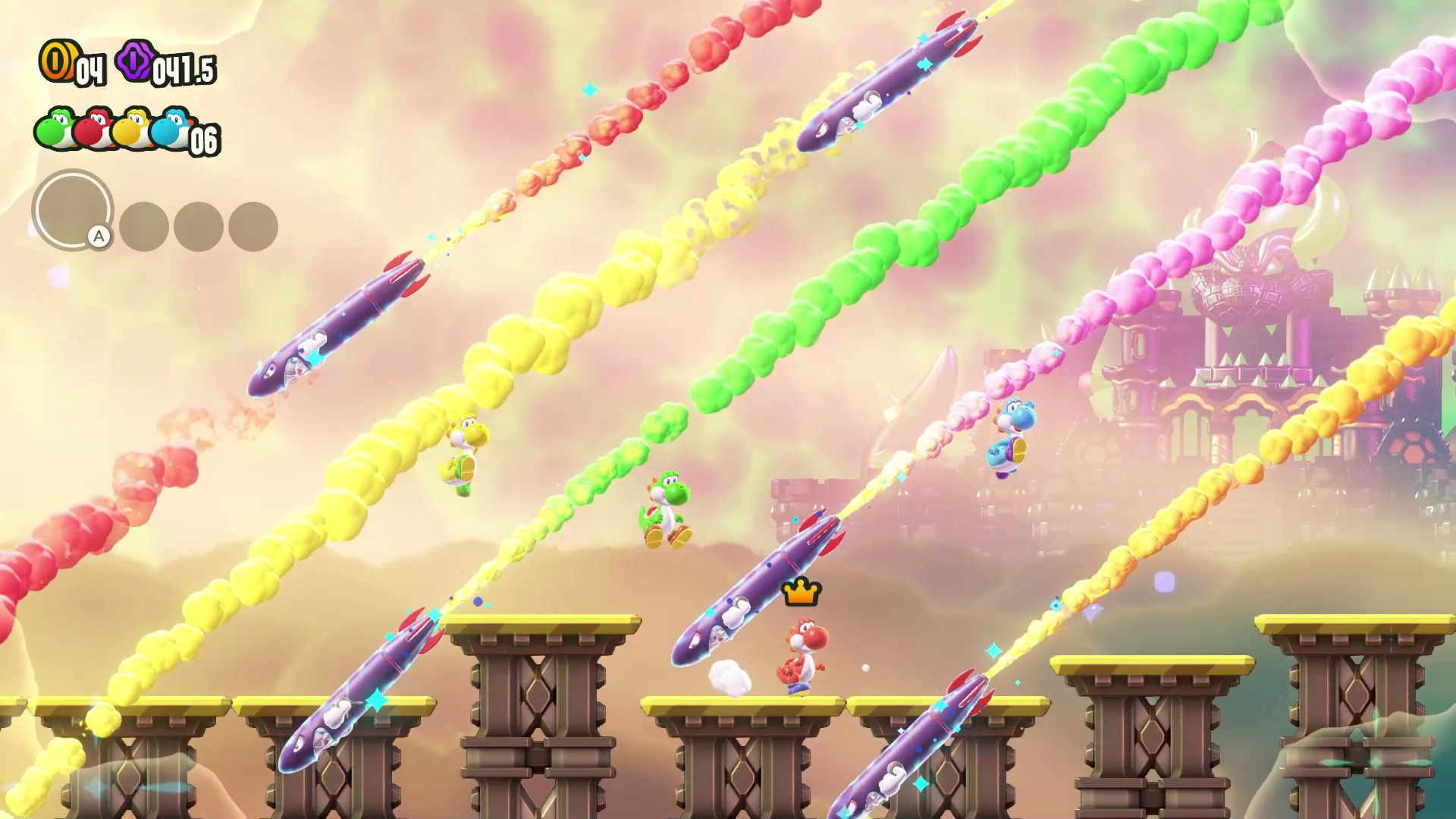 A group of yoshi running away from missiles in Super Mario Bros Wonder