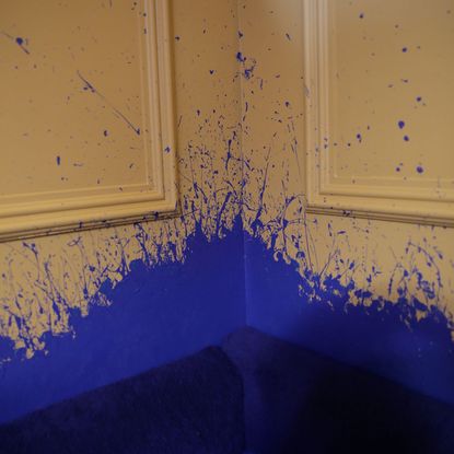 Dining room with blue splattered wall feature