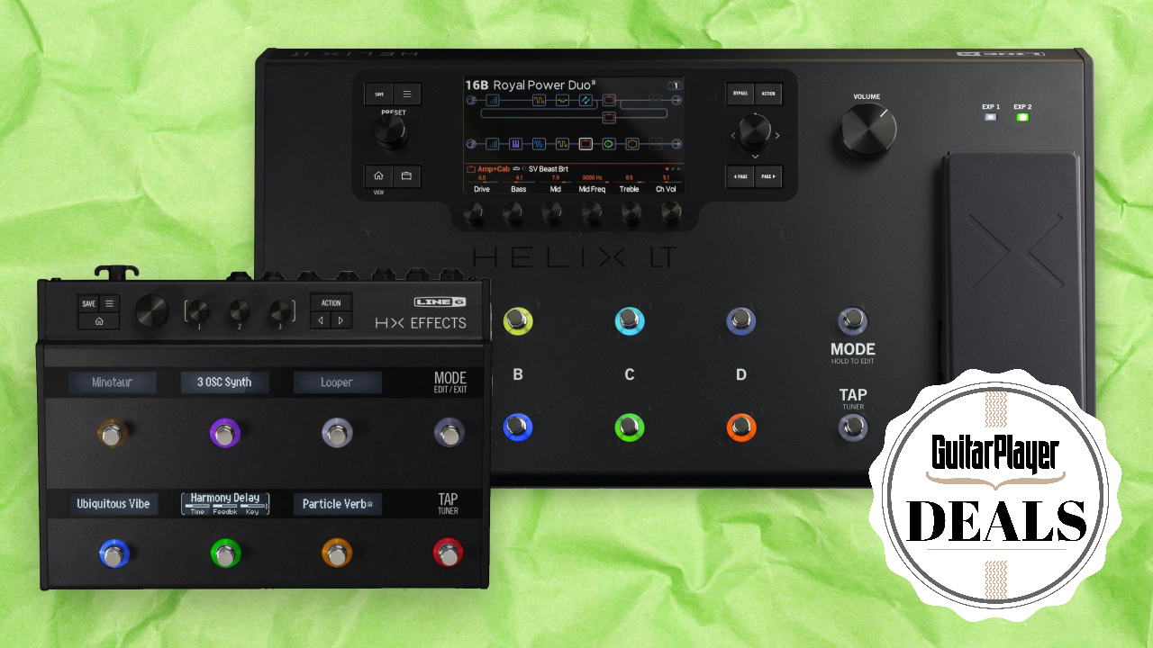 Line 6 Helix pedalboards on a green background