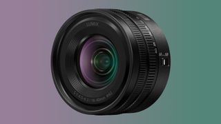 Panasonic Lumix S 18-40mm f/4.5-6.3 lens against a pastel purple and green background