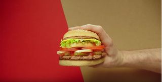 An image of the "McWhopper," a proposed burger that would combine Burger King's Whopper with McDonald's Big Mac.