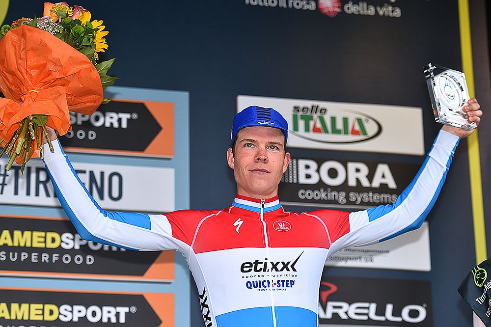 Bob Jungels on the final podium at Tirreno-Adriatico