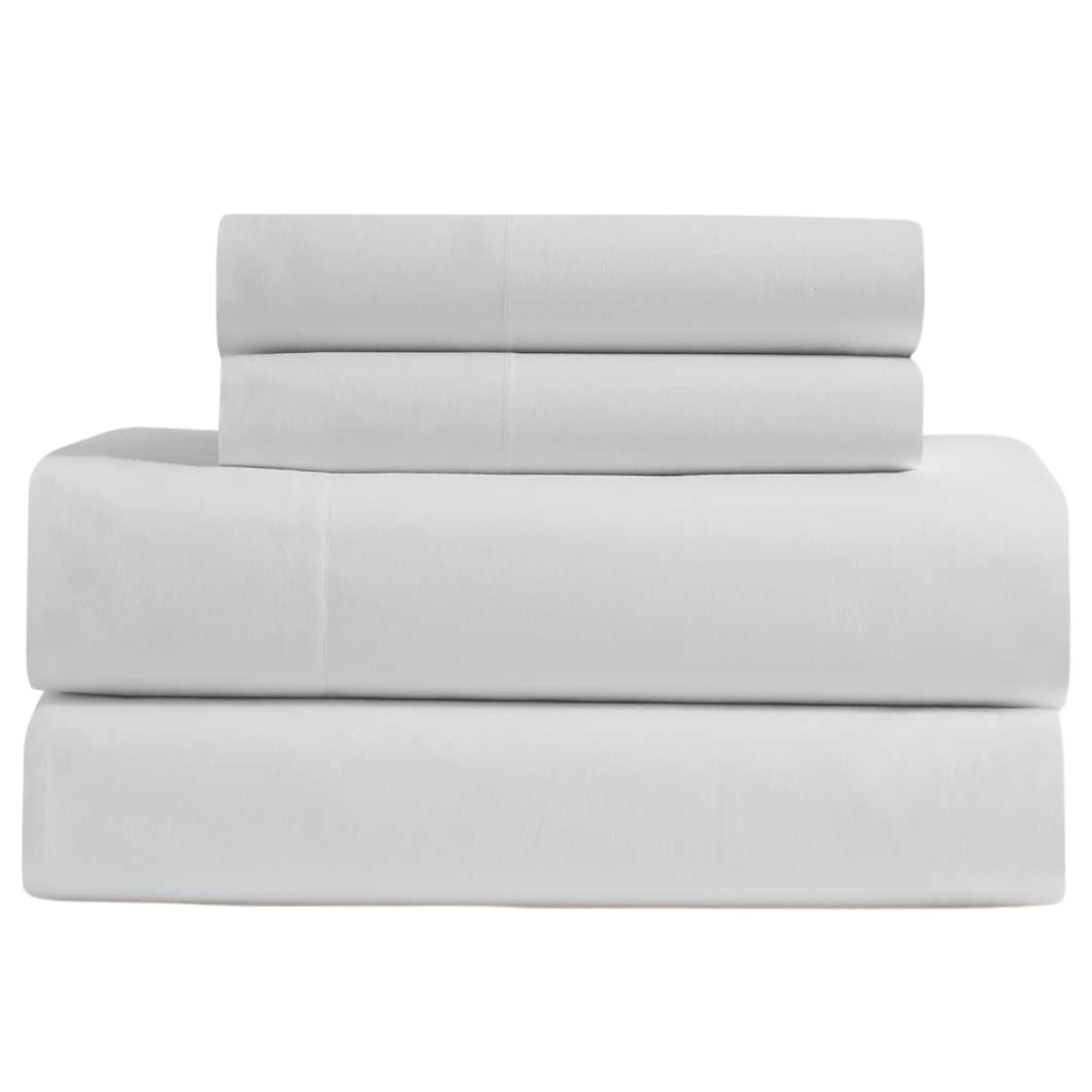 White organic percale sheet set folded and stacked