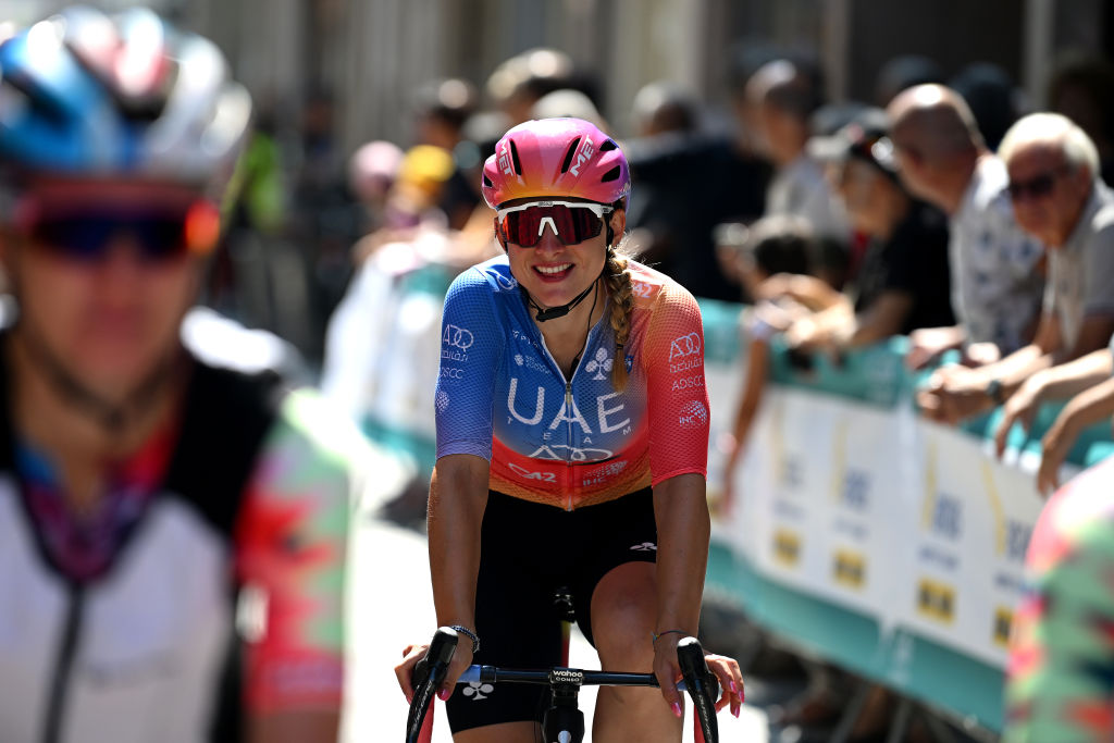 FIDENZA ITALY JULY 03 Chiara Consonni of Italy and UAE Team ADQ prior to the 34th Giro dItalia Donne 2023 Stage 4 a 134km stage from Fidenza to Borgo Val di Toro UCIWWT on July 03 2023 in Fidenza Italy Photo by Dario BelingheriGetty Images