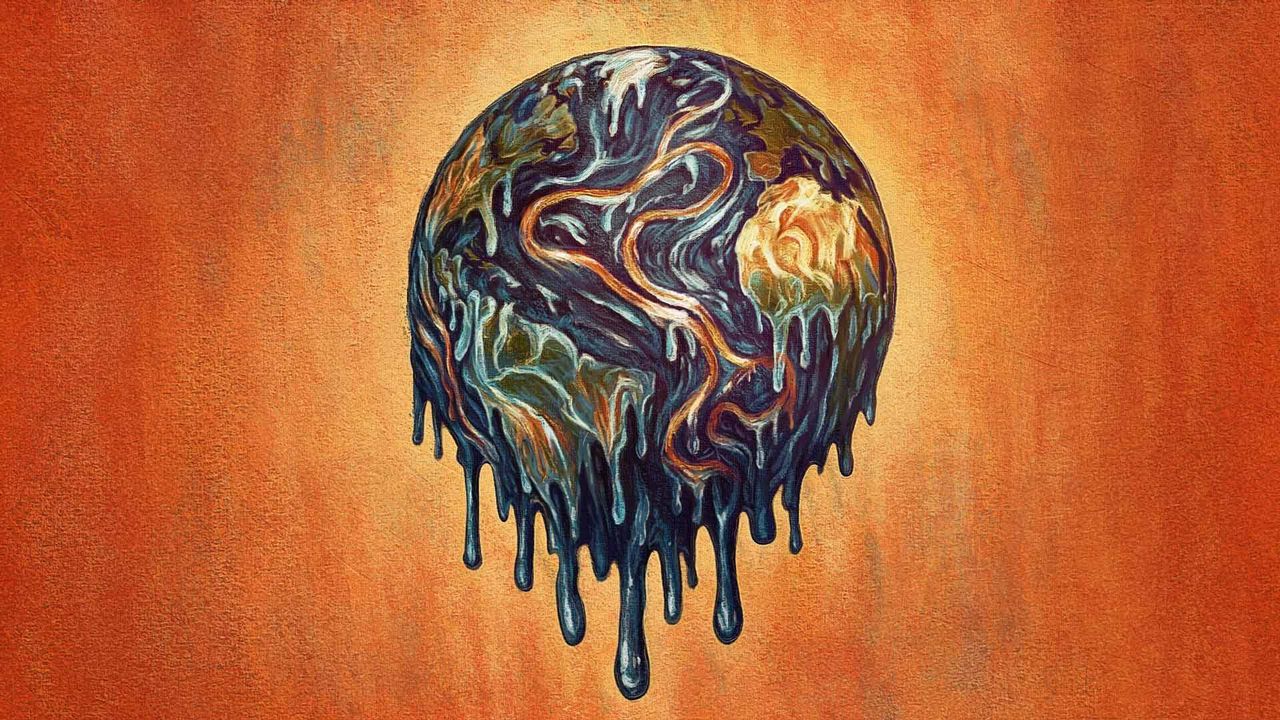 An illustration of a melting Earth with its ocean currents outlined