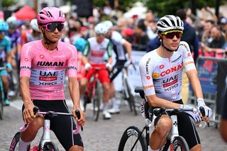 ROVIGO ITALY MAY 23 LR Isaac Del Toro of Mexico and Team UAE Team Emirates XRG Pink Leader Jersey and Juan Ayuso of Spain and Team UAE Team Emirates XRG White Best Young Rider Jersey prior to the 108th Giro dItalia 2025 Stage 13 a 180km stage from Rovigo to Vicenza UCIWT on May 23 2025 in Rovigo Italy Photo by Tim de WaeleGetty Images