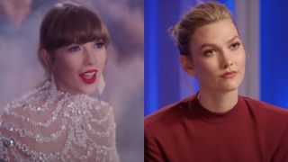 Taylor Swift from Karma music video side by side with Karlie Kloss judging on Project Runway