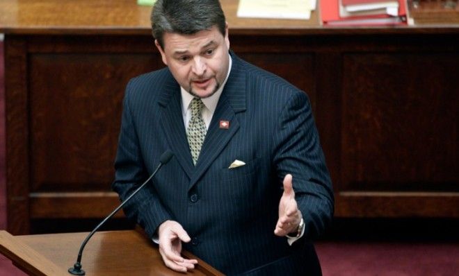 Sen. Jason Rapert, who sponsored the Human Heartbeat Protection Act, speaks in the senate chamber, in Little Rock, March, 5.