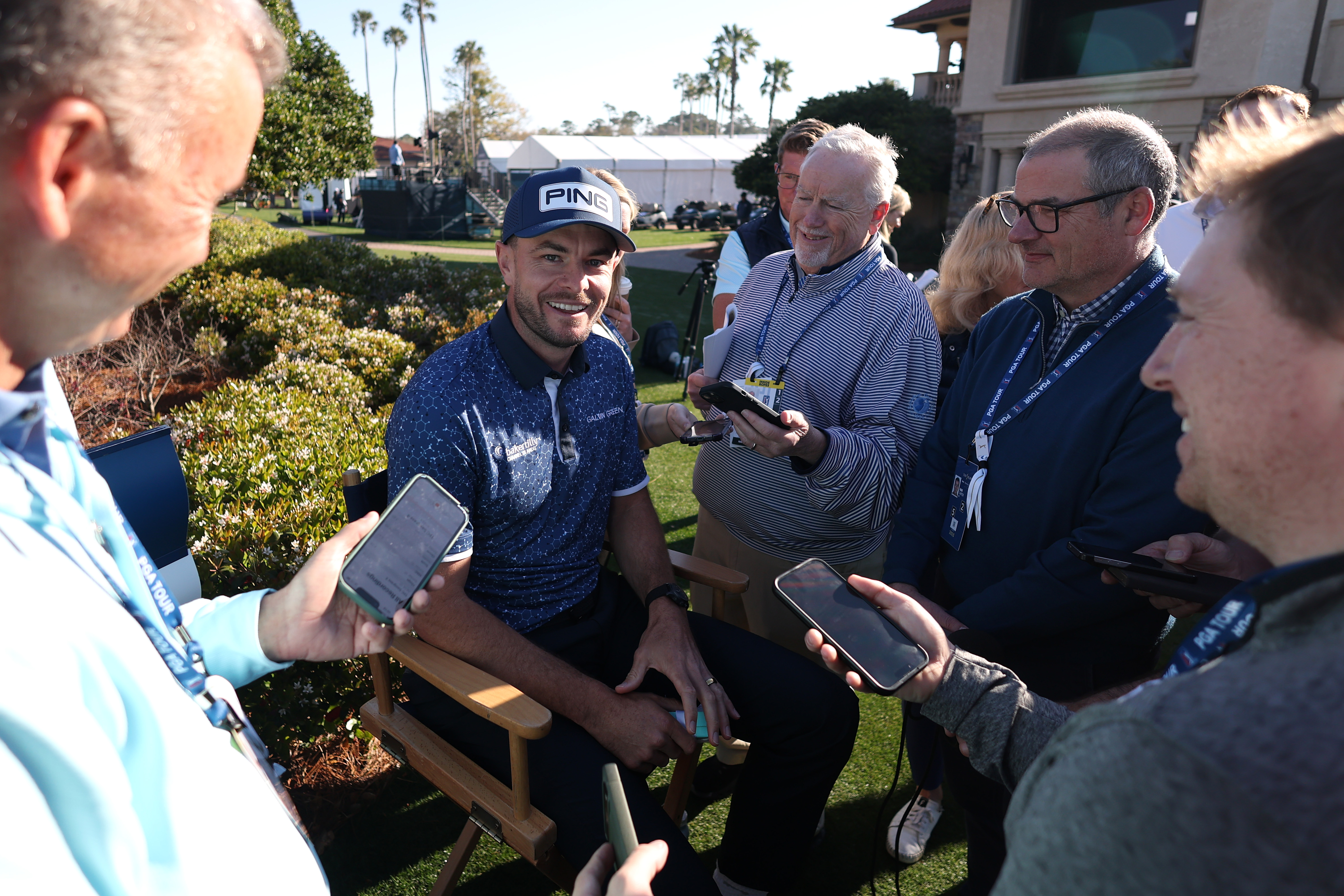 Laurie Canter speaks to a media scrum ahead of The Players Championship 2025