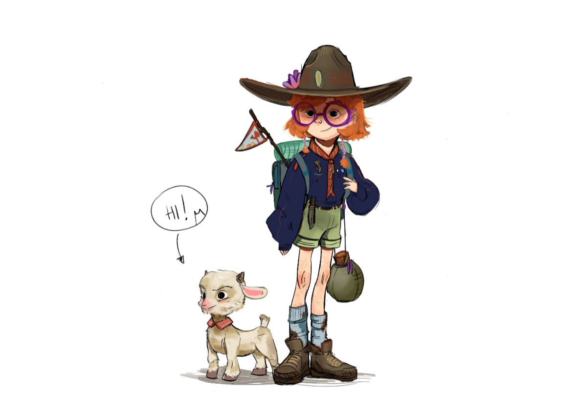 Characters with personality; cartoon girl with a dog
