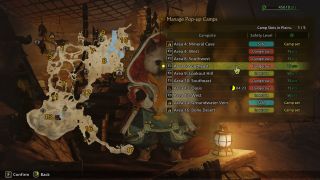 Monster Hunter Wilds - The Manage Pop-up Camp UI displaying the Safety Level for different campsites.