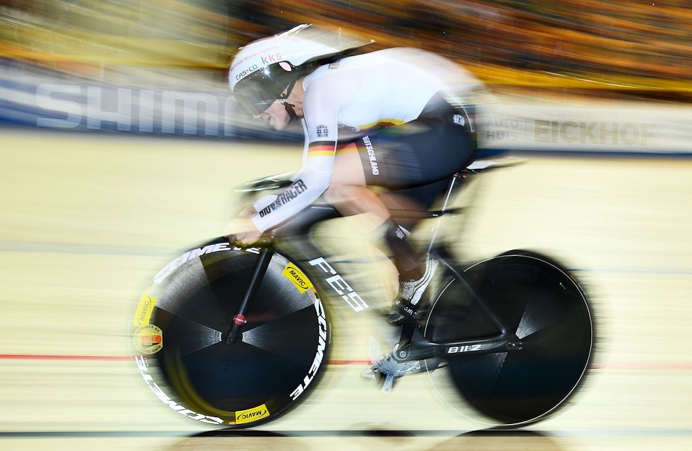 Germany's Miriam Welte takes part in a qualifying round for the women's sprint during the UCI Track Cycling World Championships in Apeldoorn