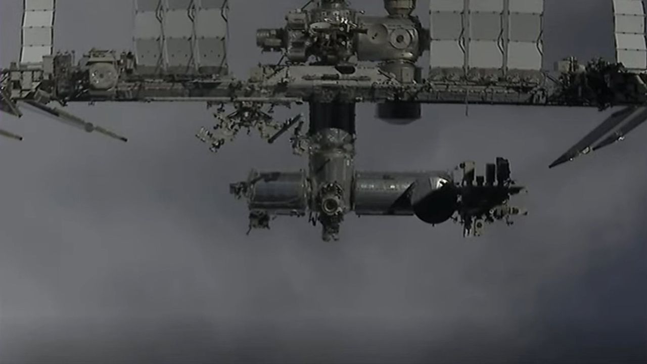 This view from SpaceX's Crew-2 Dragon Endeavour shows the International Space Station's U.S. segment after the Dragon capsule undocked from the orbiting lab on Nov. 8, 2021.