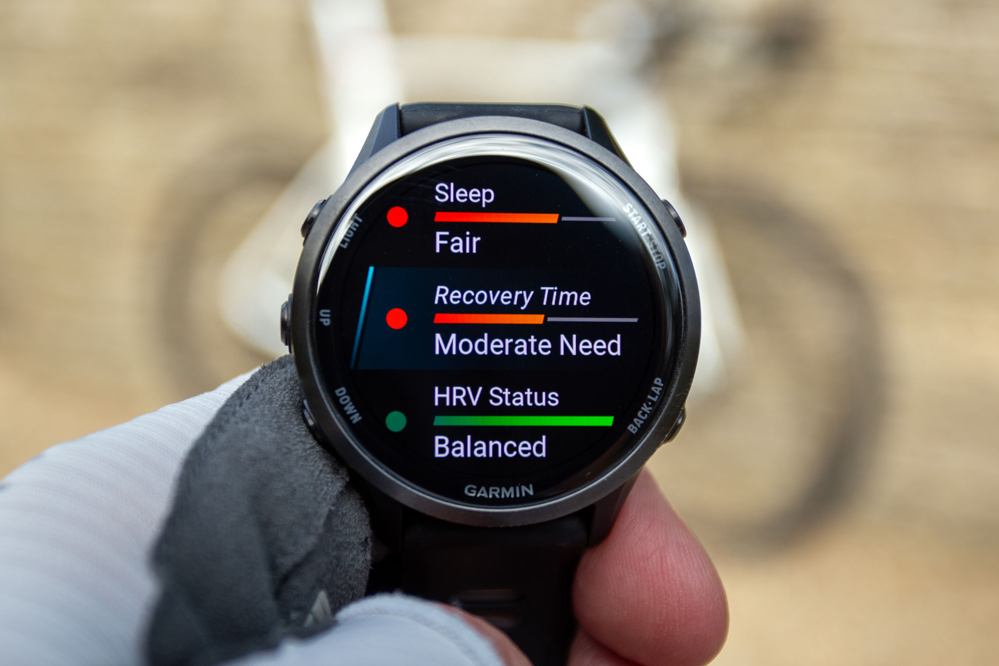 Garmin Forerunner 970 screen showing Sleep status, recommended Recovery time and HRV status.