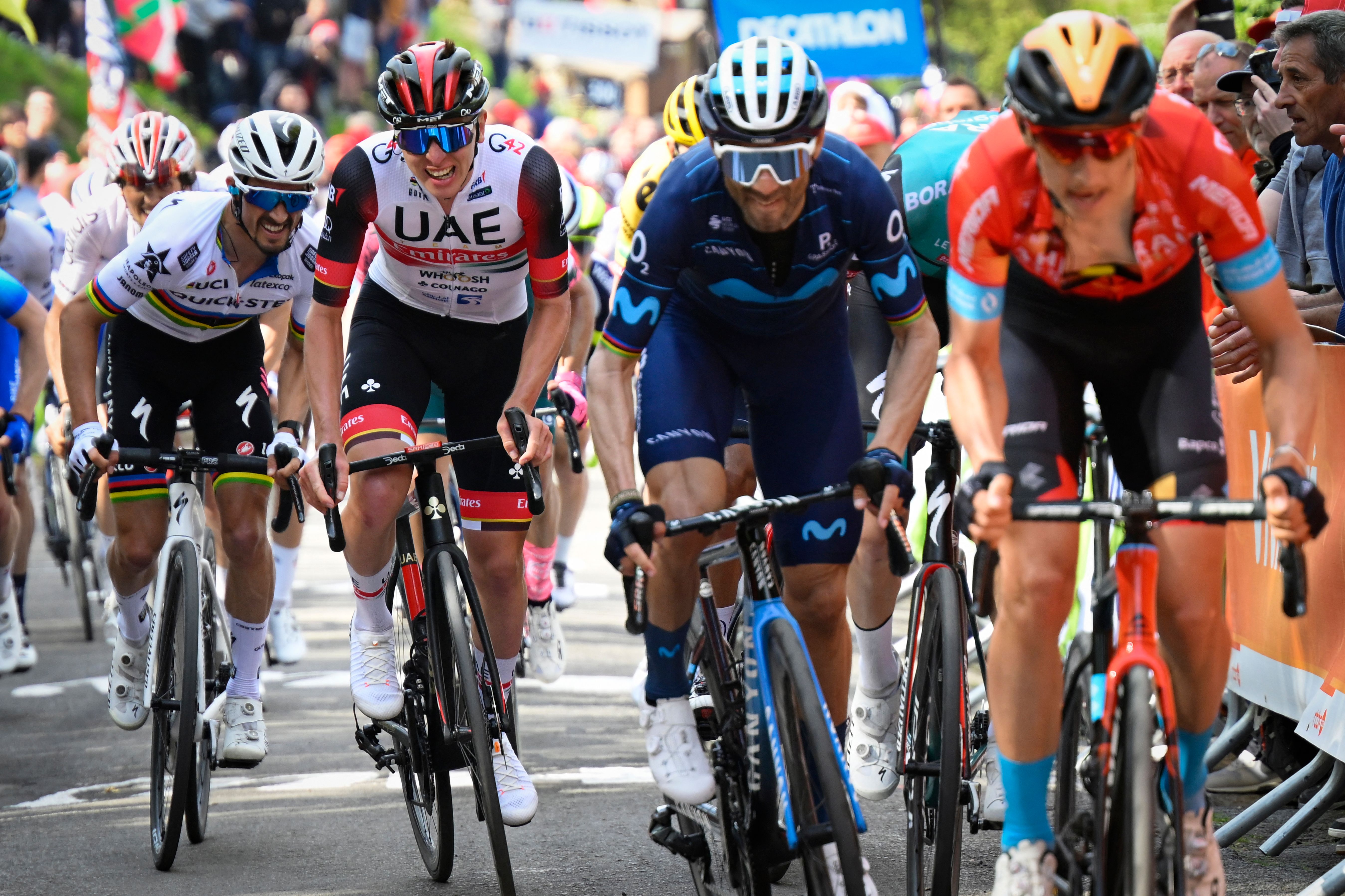 French Julian Alaphilippe of Quick-Step Alpha Vinyl, Slovenian Tadej Pogacar of UAE Team Emirates, Spanish Alejandro Valverde of Movistar Team and Belgian Dylan Teuns of Bahrain Victorious pictured in action during the 86th edition of the men&#039;s race &#039;La Fleche Wallonne&#039;, a one day cycling race (Waalse Pijl - Walloon Arrow), 202,1 km from Blegny to Huy, Wednesday 20 April 2022. BELGA PHOTO POOL BERNARD PAPON (Photo by POOL BERNARD PAPON / BELGA MAG / Belga via AFP) (Photo by POOL BERNARD PAPON/BELGA MAG/AFP via Getty Images)