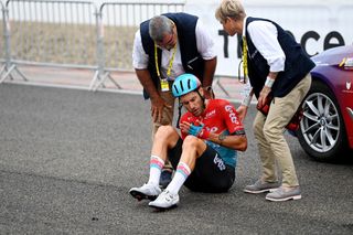 NOGARO FRANCE JULY 04 Jacopo Guarnieri of Italy and Team Lotto Dstny injured after being involved in a crash during the stage four of the 110th Tour de France 2023 a 1818km stage from Dax to Nogaro UCIWT on July 04 2023 in Nogaro France Photo by Tim de WaeleGetty Images