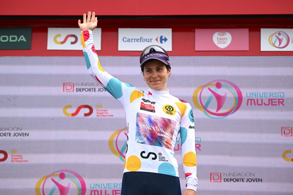 MIRADOR DE PEAS LLANAS SPAIN MAY 05 Elise Chabbey of Switzerland and Team CanyonSRAM Racing Polka Dot Mountain Jersey celebrates at podium during the 9th La Vuelta Femenina 2023 Stage 5 a 1292km stage from La Cabrera to Mirador de Peas Llanas 1479m UCIWWT on May 05 2023 in Mirador de Peas Llanas Spain Photo by Dario BelingheriGetty Images