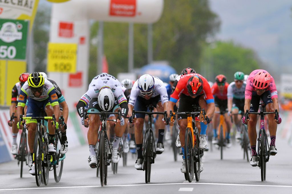 MARTIGNY SWITZERLAND APRIL 28 Peter Sagan of Slovakia and Team Bora Hansgrohe Sonny Colbrelli of Italy and Team Bahrain Victorious Patrick Bevin of New Zealand and Team Israel StartUp Nation Andrea Pasqualon of Italy and Team Intermarch Wanty Gobert Matriaux Alessandro Covi of Italy and UAE Team Emirates Magnus Cort Nielsen of Denmark and Team EF Education Nippo sprint at arrival during the 74th Tour De Romandie 2021 Stage 1 a 1681km stage from Aigle to Martigny TDR2021 TDRnonstop UCIworldtour on April 28 2021 in Martigny Switzerland Photo by Luc ClaessenGetty Images