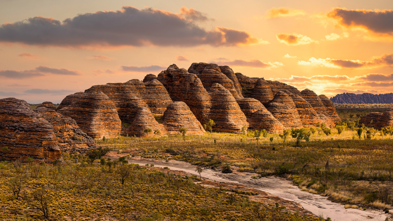 A view across the Bungle Bungle Range, Purnululu National Park at sunset