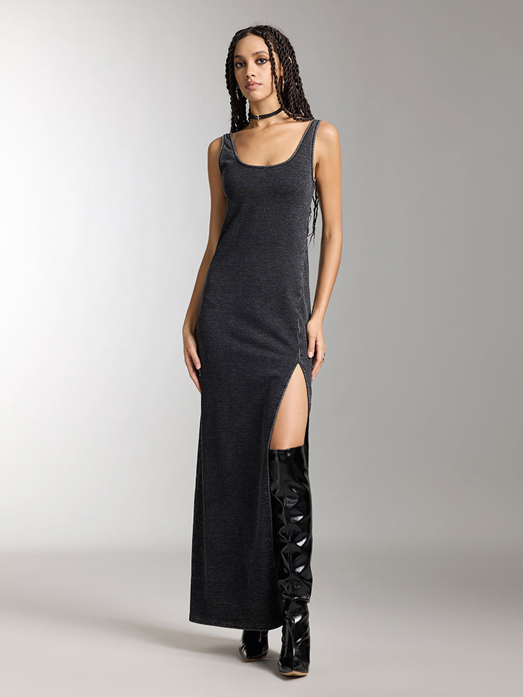 Elegant Slit Denim Dress - Black Fog / Xs