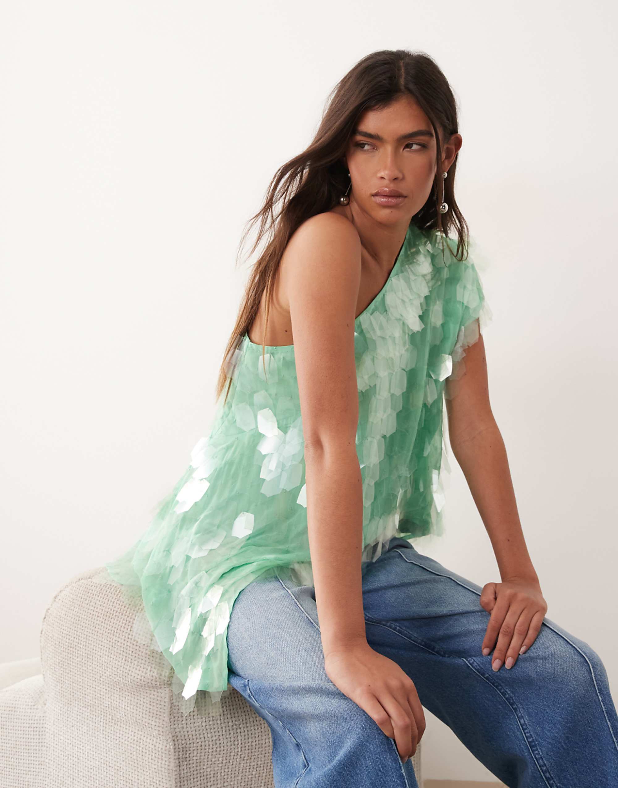 Arrange Embellished One Shoulder Top in Apple Green