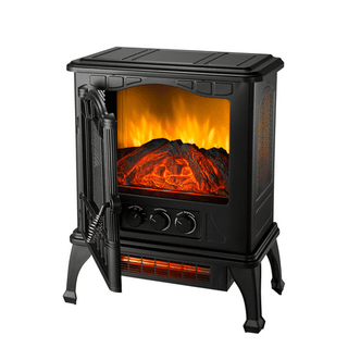 Black Electric Stove Heater With Life-Like Flame, Black. The door is open in this image, on a white background