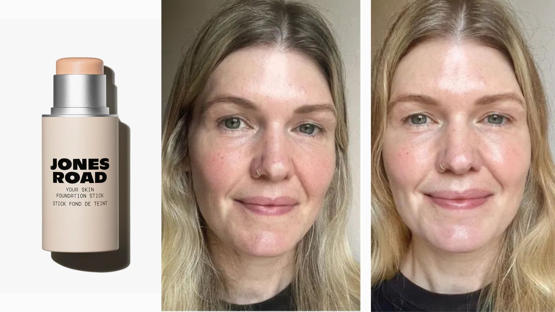 Jones Road your skin foundation stick pictured next to beauty editor Fiona McKim with bare skin then having applied the foundation