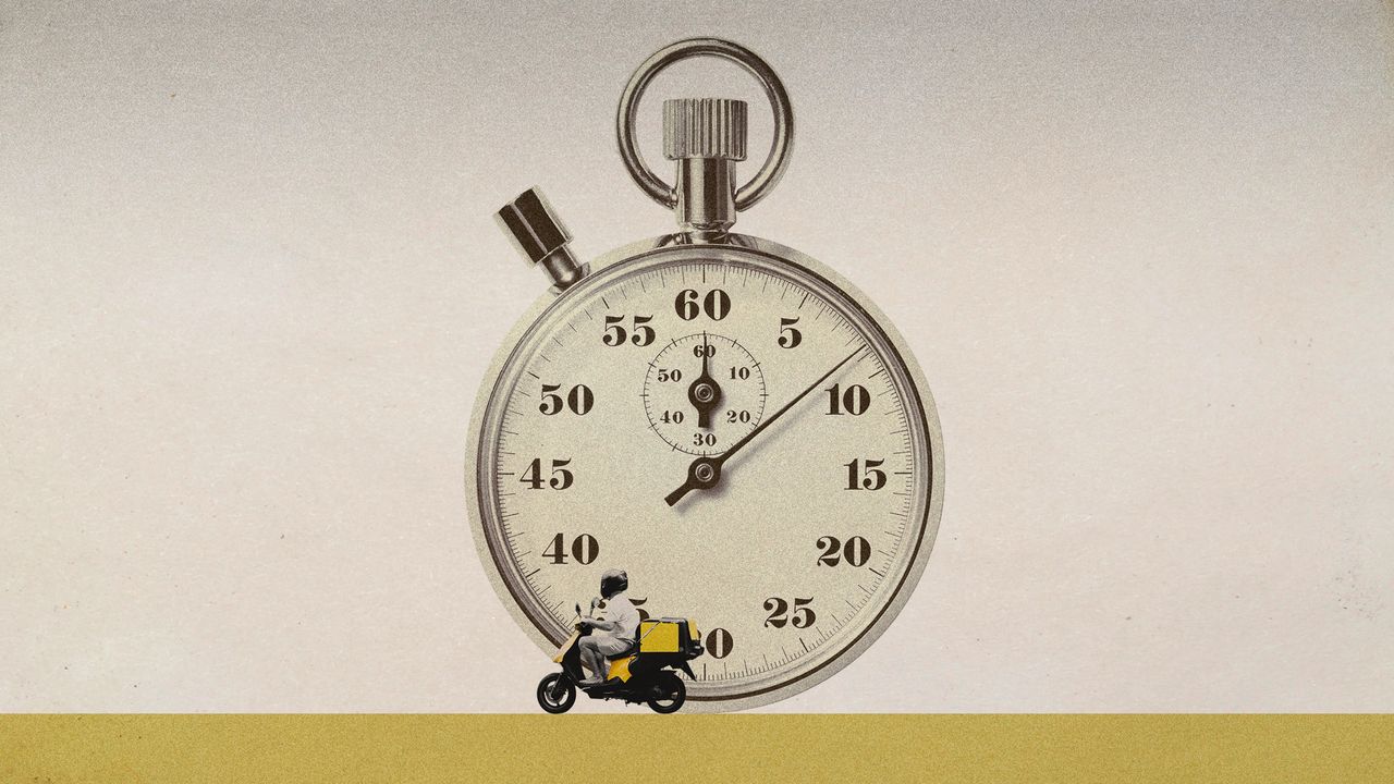 Photo collage of a delivery moped driving past a giant stopwatch