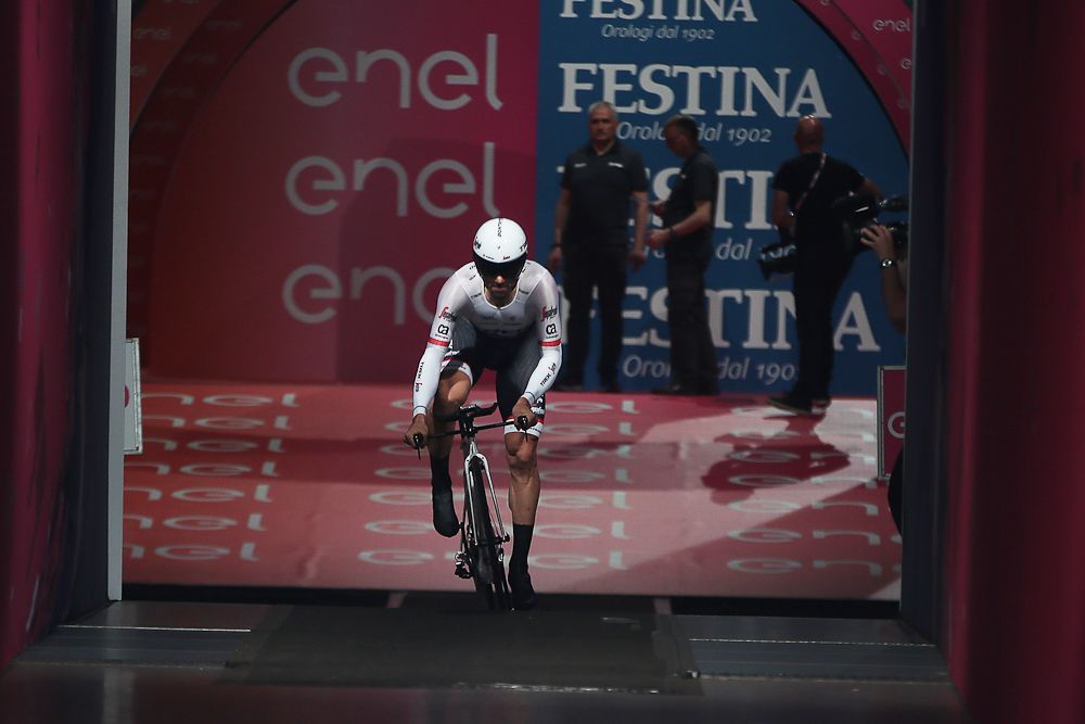 Fabian Cancellara (Trek - Segafredo) starts his Giro time trial in the Appeldoorn Omnisport building.