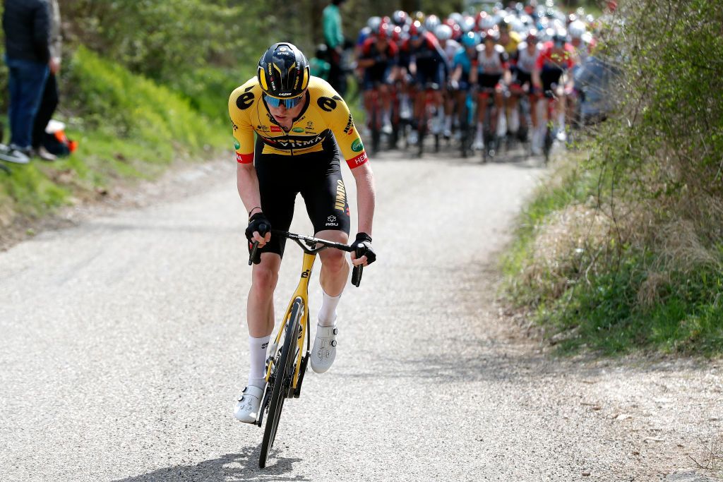 VALKENBURG NETHERLANDS APRIL 10 Nathan Van Hooydonck of Belgium and Team Jumbo Visma attacks during the 56th Amstel Gold Race 2022 Mens Elite a 2541km one day race from Maastricht to Valkenburg AGR2022 WorldTour on April 10 2022 in Valkenburg Netherlands Photo by Bas CzerwinskiGetty Images