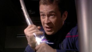 Trip Tucker about to trigger an explosion in Star Trek: Enterprise