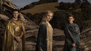Benjamin Walker (High King Gil-galad), Morfydd Clark (Galadriel), Robert Aramayo (Elrond) in art for The Lord of the Rings: The Rings of Power