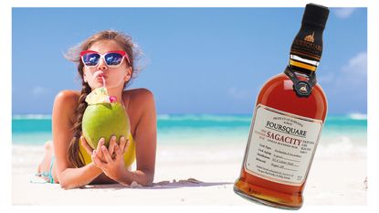 Woman drinking a cocktail, and a bottle of rum © Getty Images/iStockphoto