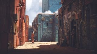 The art of Cornelius Dämmrich; an astronaut stands in a sunny alley