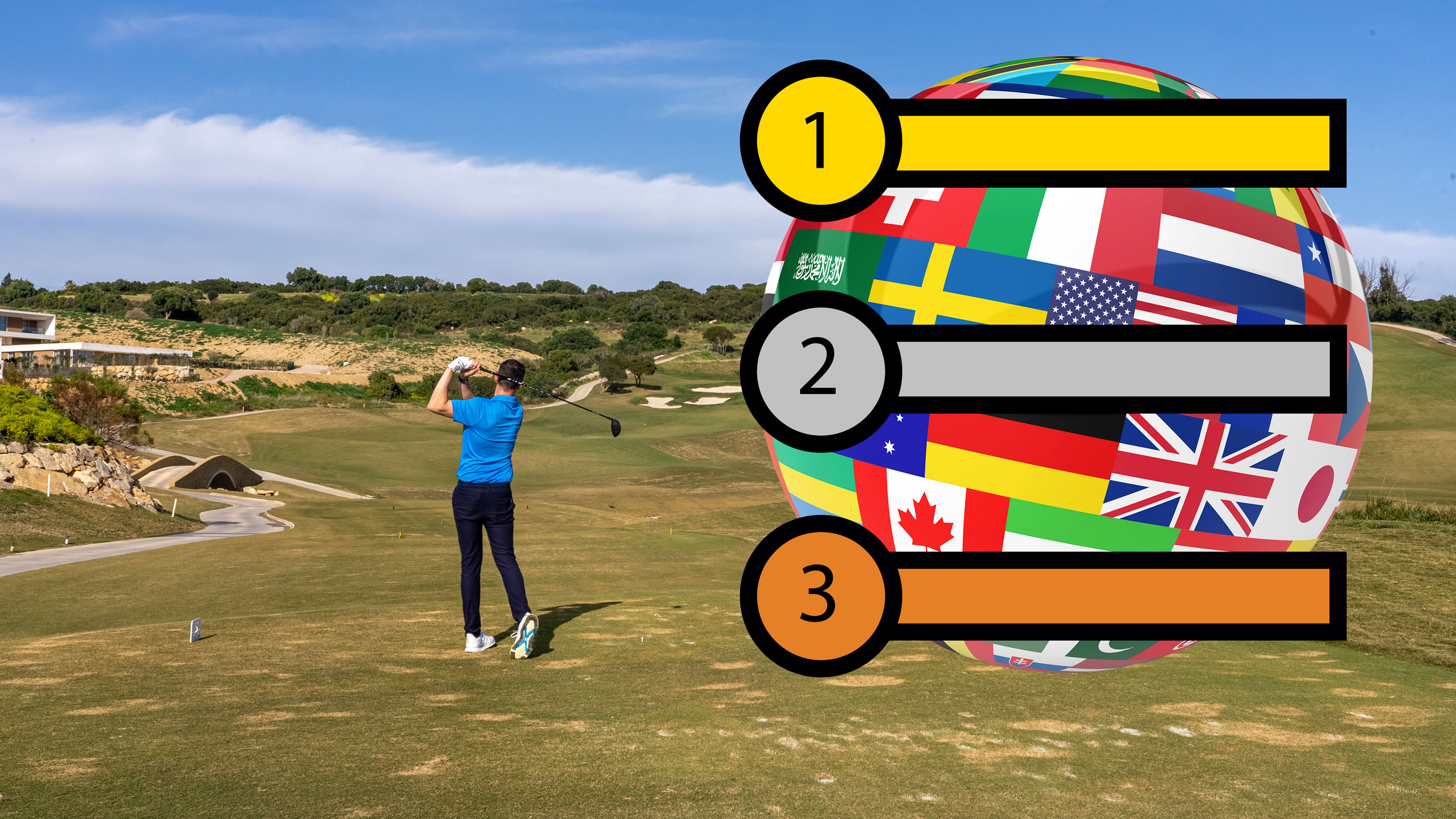 Joel Tadman hitting a tee shot with a driver with an inset image of a globe covered in the flags of different nations, with a gold, silver and bronze three-place leaderboard embedded over the top to signify the ranking of longest amateur driving distance average data