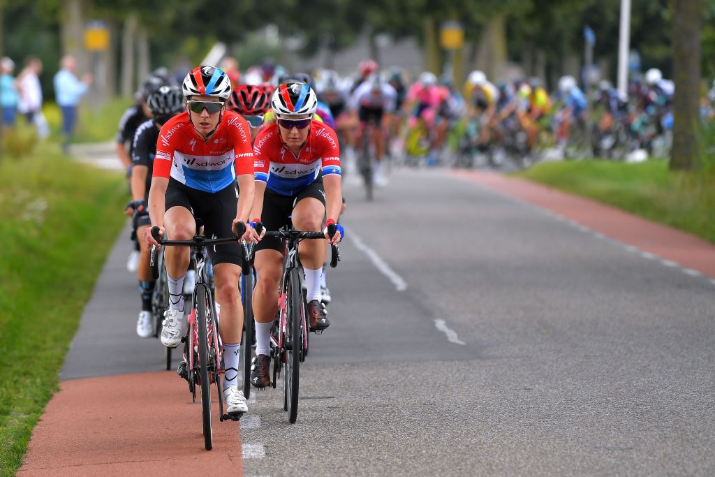 HARDENBERG NETHERLANDS AUGUST 25 LR Christine Majerus of Luxembourg and Amy Pieters of Netherlands and Team SD Worx lead The Peloton during the 23rd Simac Ladies Tour 2021 Stage 1 a 1344km stage from Zwolle to Hardenberg SLT2021 UCIWWT on August 25 2021 in Hardenberg Netherlands Photo by Luc ClaessenGetty Images