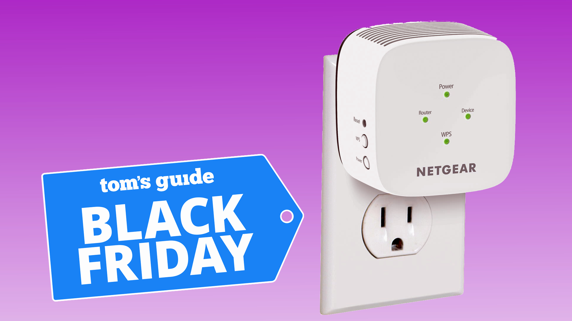 NETGEAR - EX6110 AC1200 WiFi Wall Plug Range Extender and Signal Booster on a purple background with black friday tag superimposed