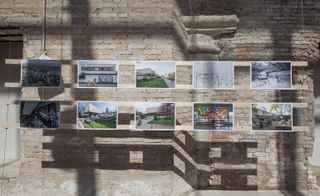 Rustic brickwall, two rows of photographs on wooden framework